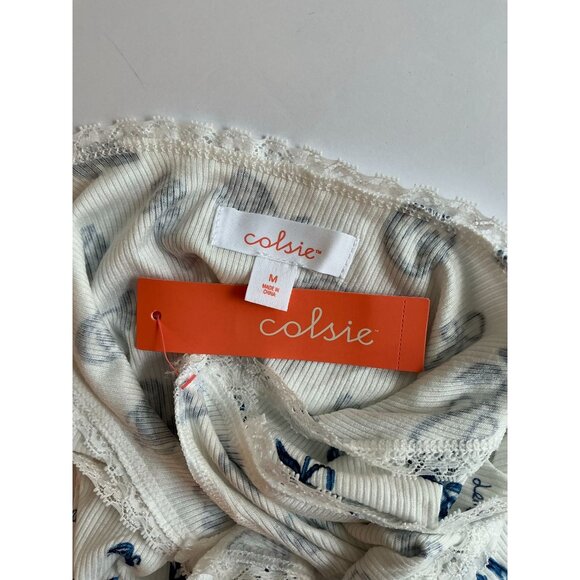 Colsie Women’s Pajama Set Size M – White & Navy Blue Print Lace Trim Tank & Shor - Picture 3 of 4